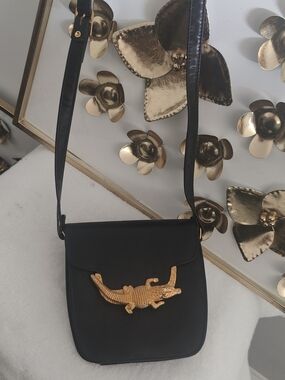 Black Crossbody Bag with Gold Crocodile Detail